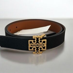 Tory Burch Britten Logo Black/Classic Tan With Gold Hardware Reversible 1”